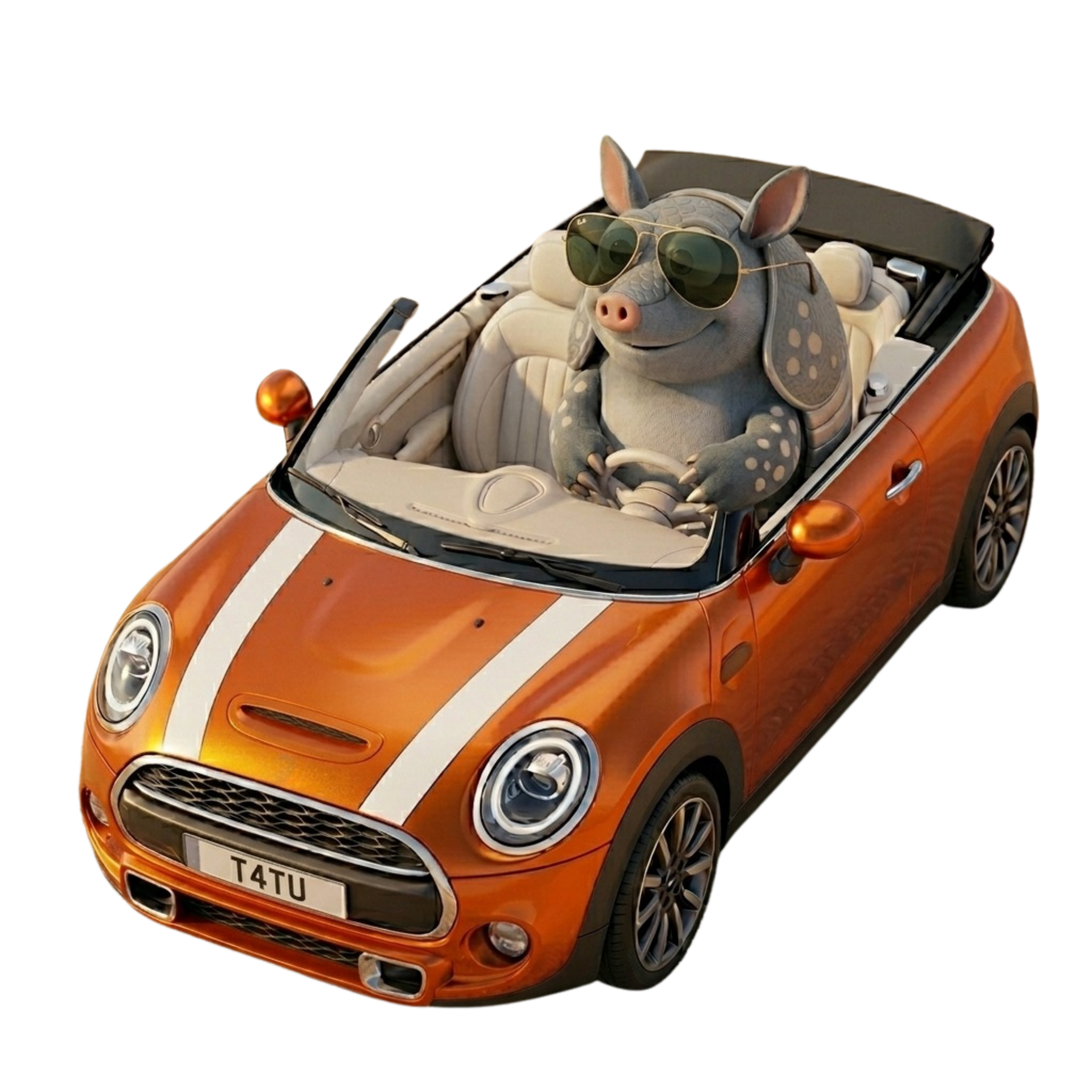 Tatu do Seguro dirigindo um Mini Cooper laranja